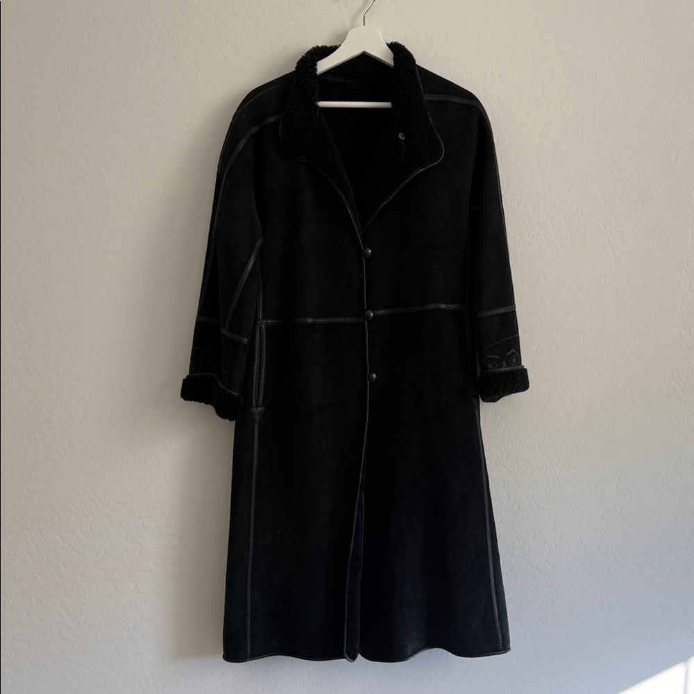 native american shearling coat black Sz M/L - Picture 2 of 10